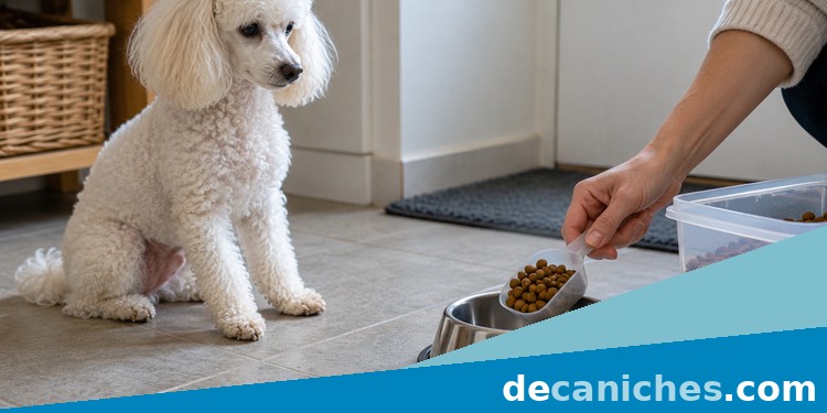 Medir la cantidad diaria de alimento del caniche persona midiendo la ración de pienso de un caniche