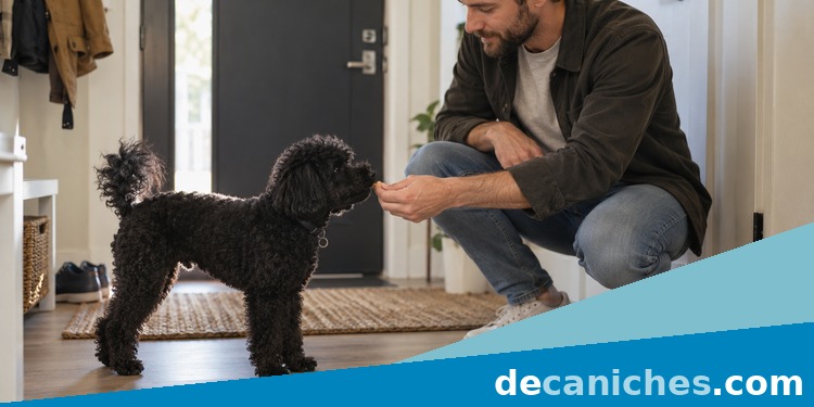 Premiar al caniche cuando saluda sin saltar premio para un saludo calmado de un caniche
