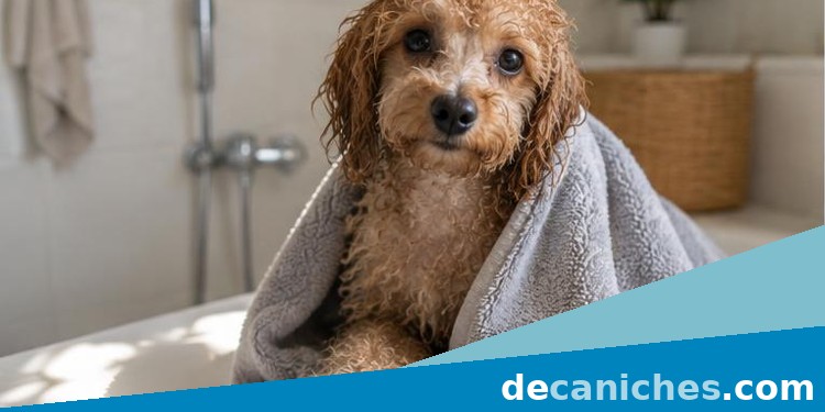 Secado completo del caniche después del baño caniche envuelto en toalla tras el baño para evitar humedad en el pelo
