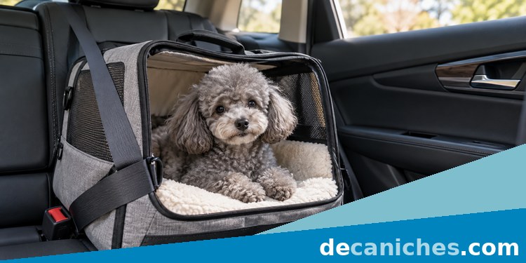Transportín para caniche colocado en el coche caniche en transportín sujeto en el coche